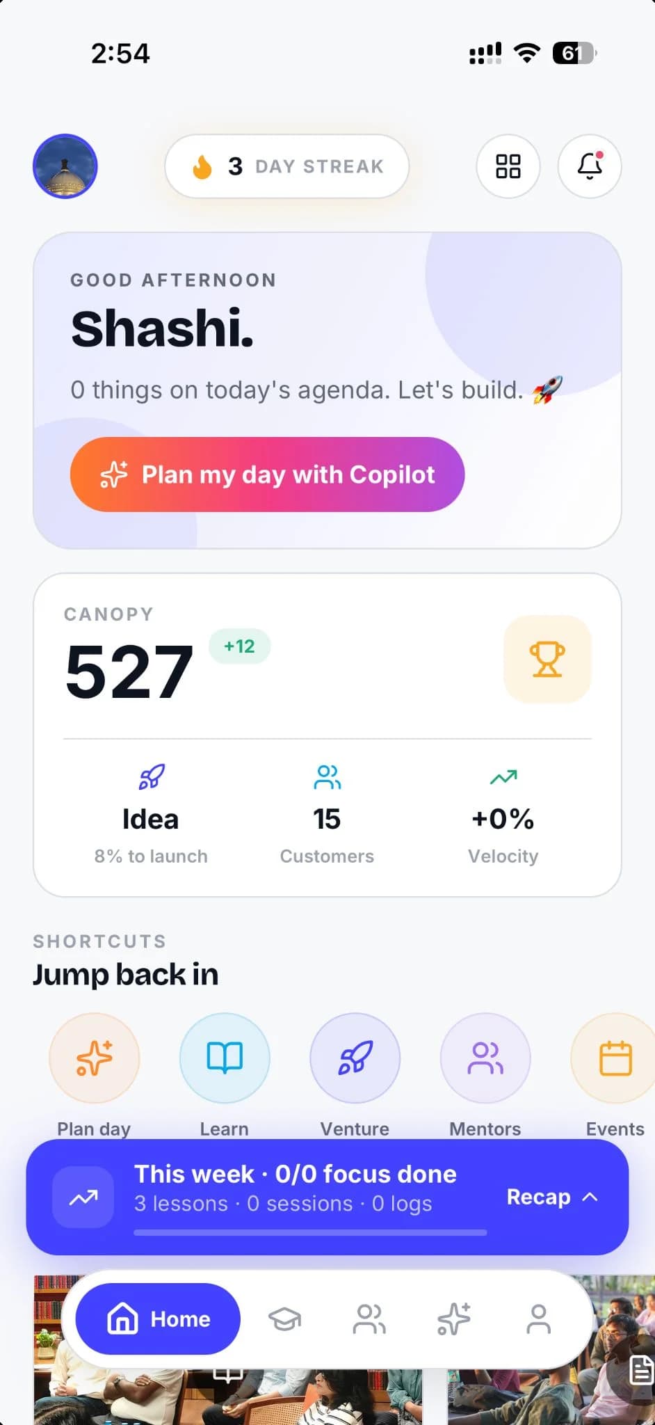 Founder OS app — home screen