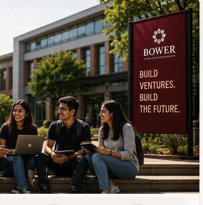 Students collaborating on a college campus with the Bower banner