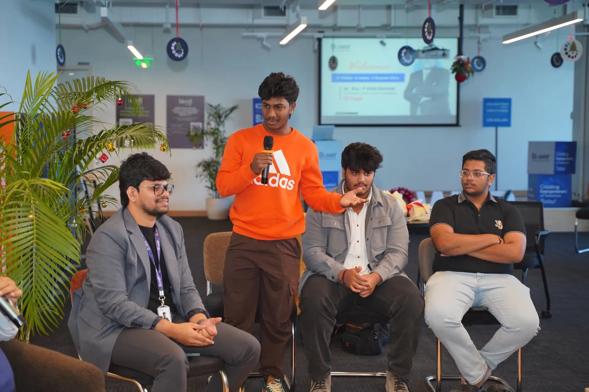 Bower UG cohort members in discussion during a panel session on campus