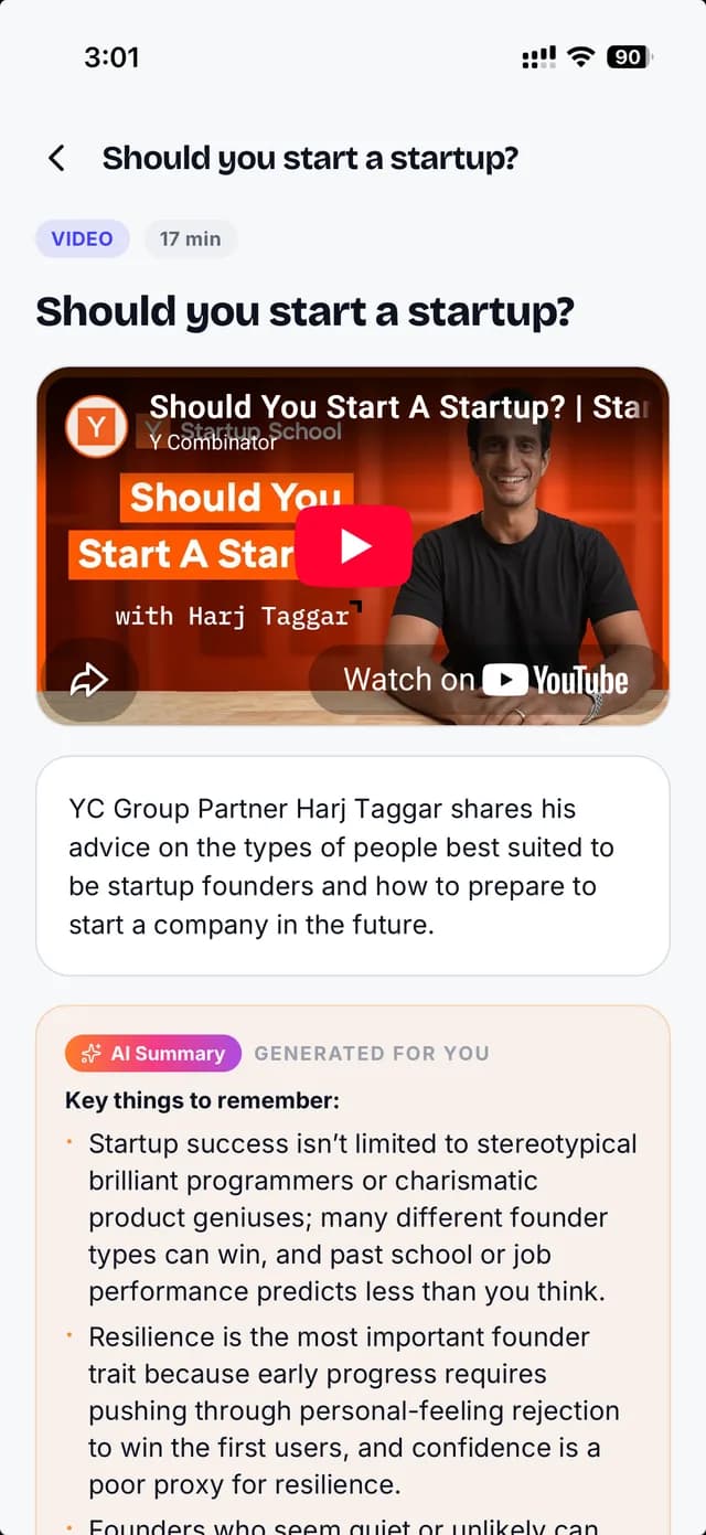 Founder OS learn screen playing a startup lesson